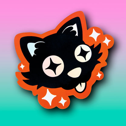 An orange and black sticker of a cartoon black cat sticking its tongue out, with white stars and holographic details.