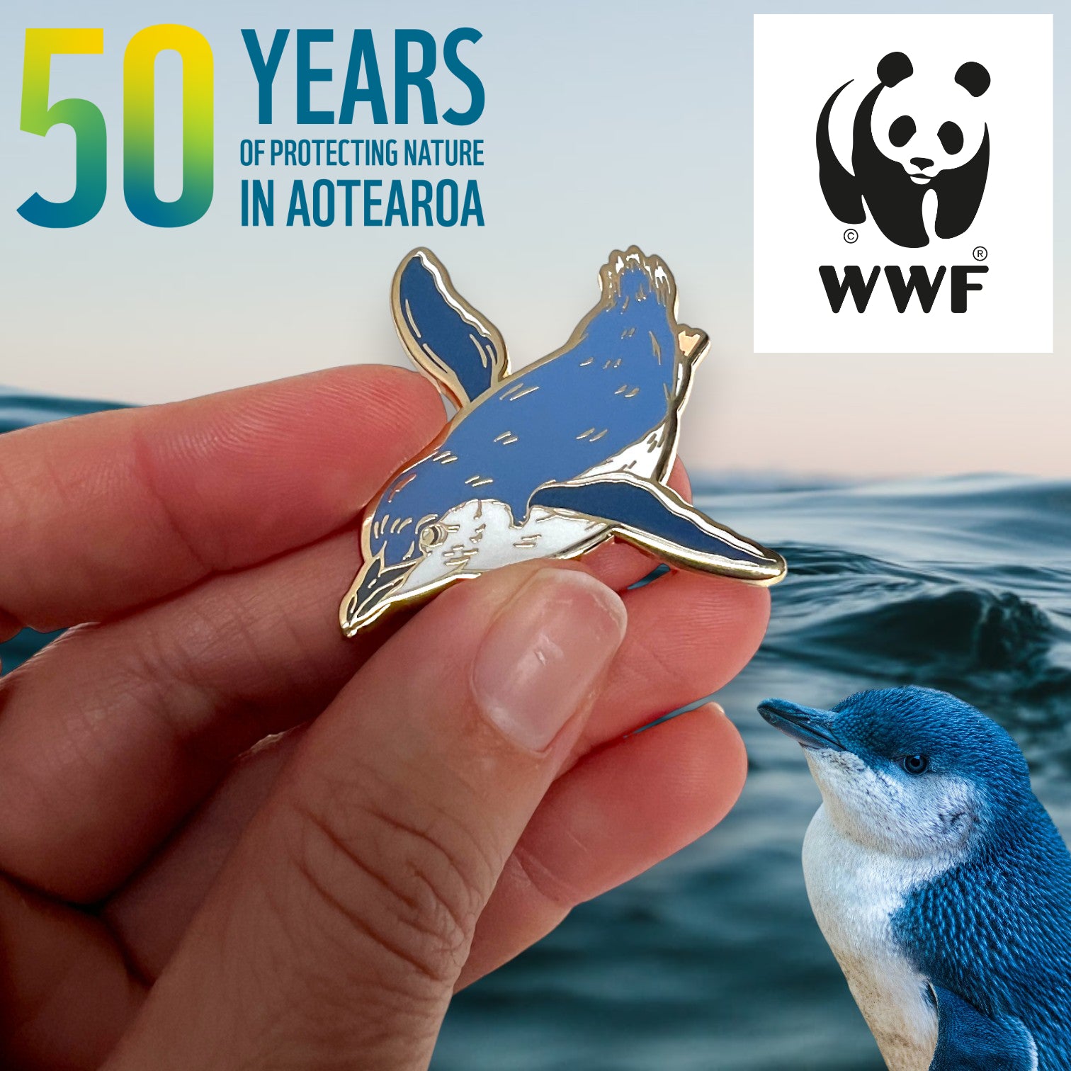 Kororā WWF NZ Enamel Pin • Little Blue Penguin – Pepper Raccoon