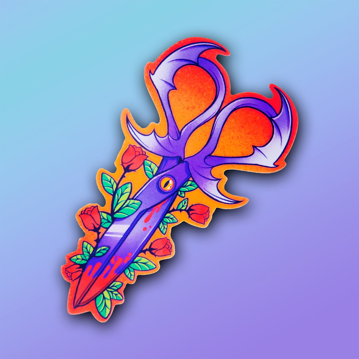 A vinyl sticker featuring an illustration of blood-stained scissors with an eye at the hinge where a screw would be, and bat wing details. Roses surround it.