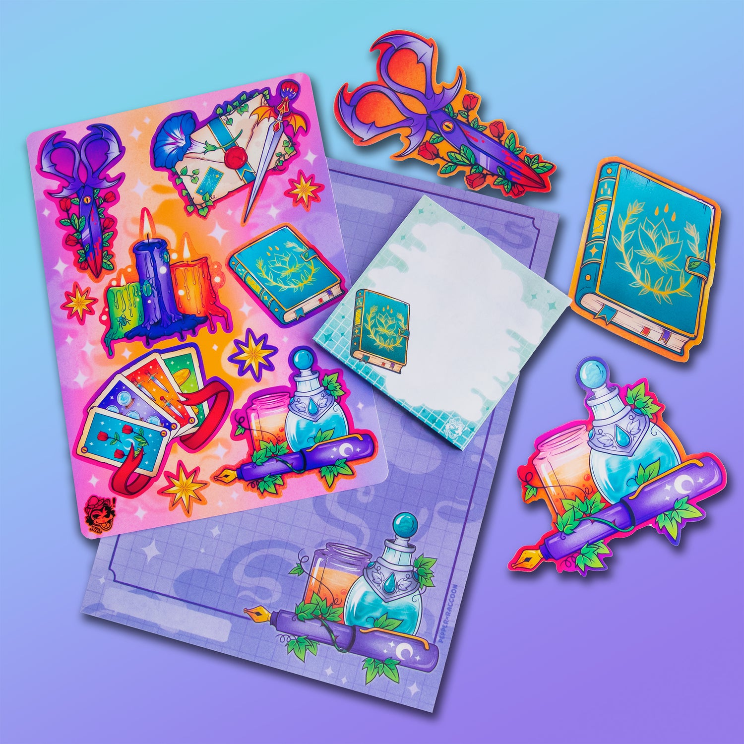 A digital flatlay of everything in the Spells + Sparkles collection, including a sticker sheet, three stickers, a sticky notepad, and a larger notepad, all depicting witchy items like spell books, candles, potions, and more.