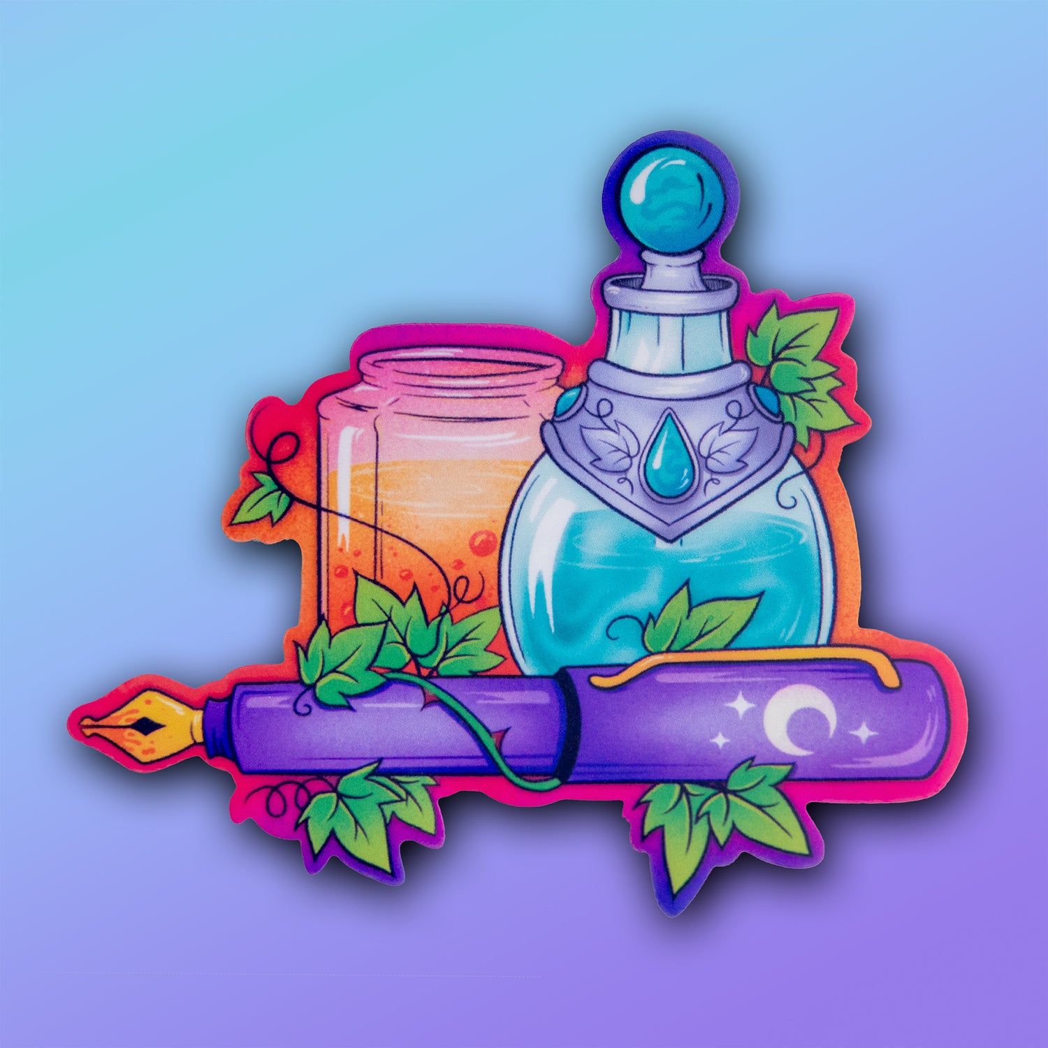 A vinyl sticker featuring an illustration of two potion bottles and a fountain pen adorned with a moon and stars, wrapped in ivy.